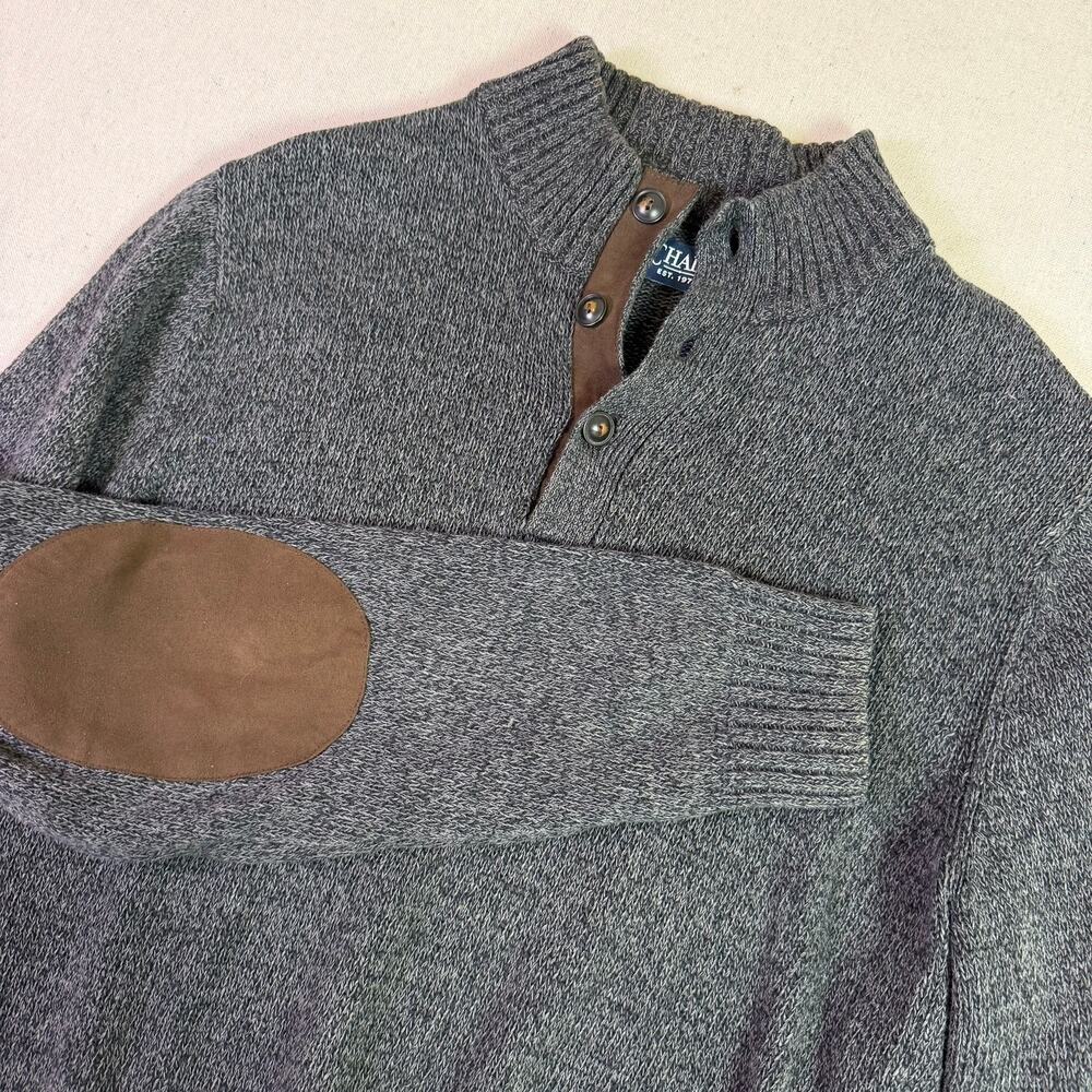 Chaps Brown Suede Elbow Patch Sweater Mens M Gray Henley Mock Neck Preppy Knit